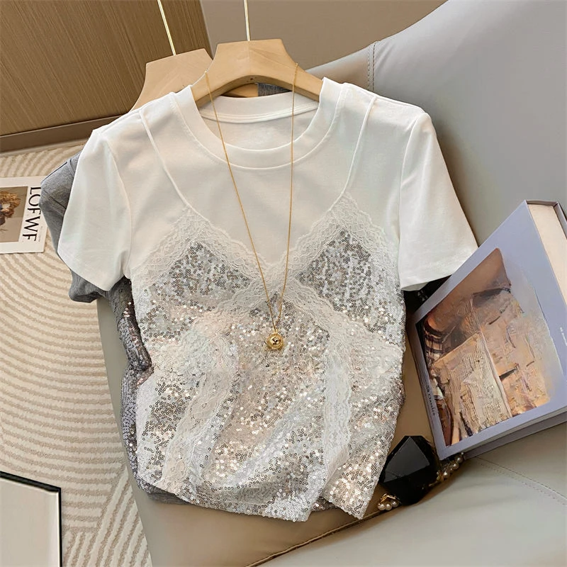 

Korean Fashion Sweet Short Sleeve Ropa De Mujer Fake 2 Pieces T Shirt for Women Spring Summer Lace Patchwork T-shirts