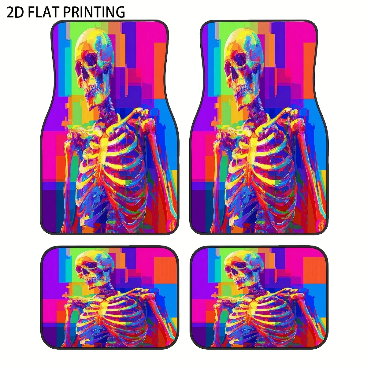 

4pcs Neon Glow-in-the-Dark Skeleton & 8-Bit Car Floor Mats - Fit For Driver/Passenger/Rear Seats, All-Weather Durable -Like Vehi