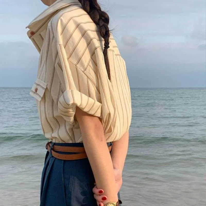 Summer Woman Clothes French Romantic Fashion Style Striped Pocket Casual Office Lady Preppy Style Short Sleeve Shirt Temperament