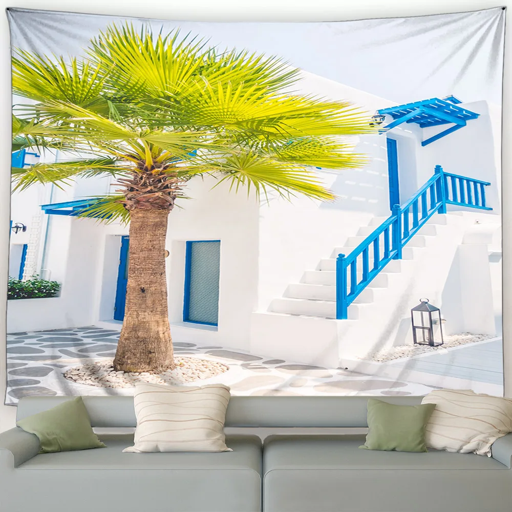 Greek Landscape Tapestry Seaside Town Streets Flowers Plants Blue White Door Window Architecture Garden Wall Hanging Home Decor