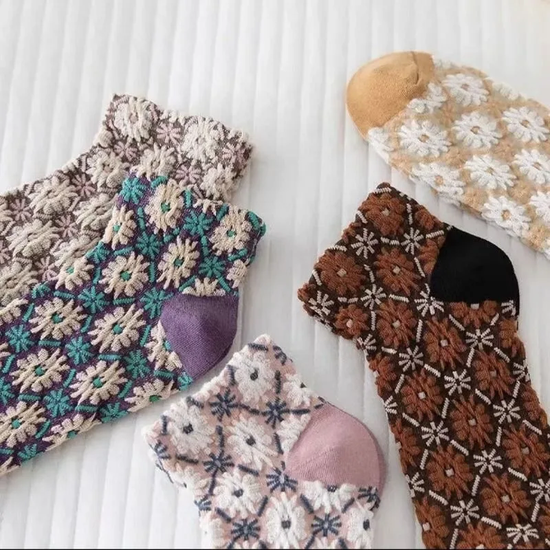1/5 Pairs Rural style retro flower contrasting ethnic style short socks new sweet and cute girl style short socks in spring