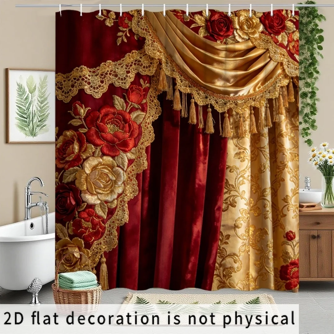 

Royal Luxury Gold Embroidery Velvet Shower Curtain Red Burgundy Damask Pattern Waterproof Bathroom Home Decor Accent Curtain