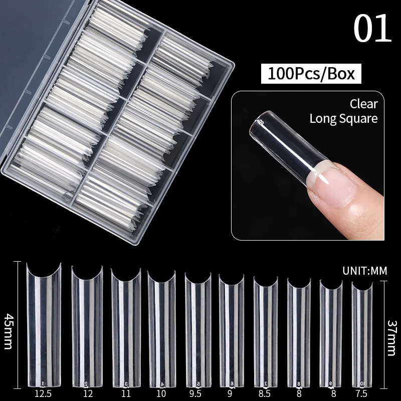 100 Stück/Box extra lange quadratische falsche Spitzen 10-Größen klare/natürliche weiche Gel spitzen