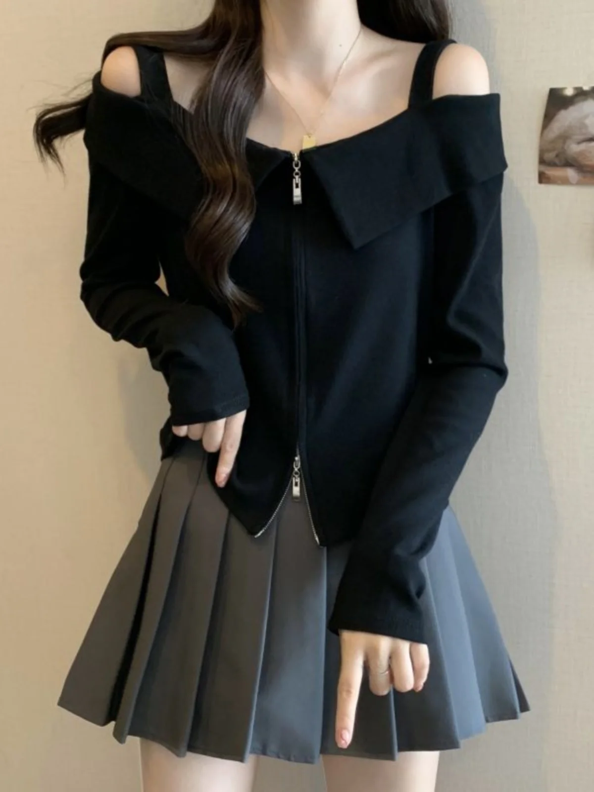 

plus Size Knitted One Shoulder Long Sleeve Base Shirt Women's Spring Autumn Fat Sister Double Zipper Design Sensation Small C...