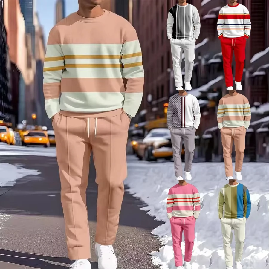 Men's Casual 2-Piece Set Comfortable Long-Sleeved 3D Printing Round Neck Man T-Shirt and Drawstring Sport Two-Piece Sets
