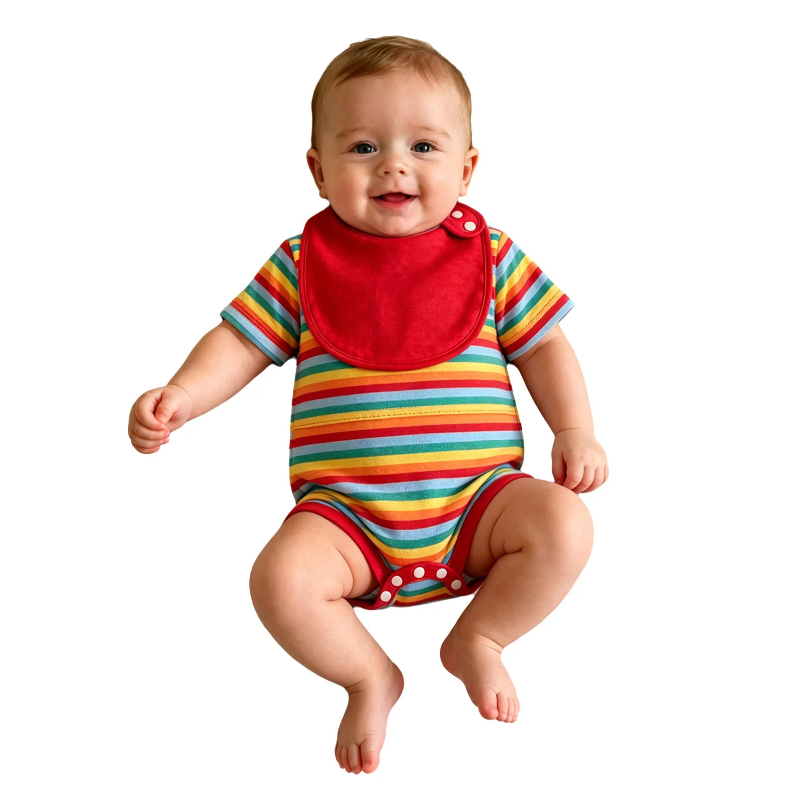 Bbay Boys Girls Zipper Waist Tube Feeding Romper Adaptive Clothing Short Sleeve Press Button Crotch Striped Bodysuit with Bib