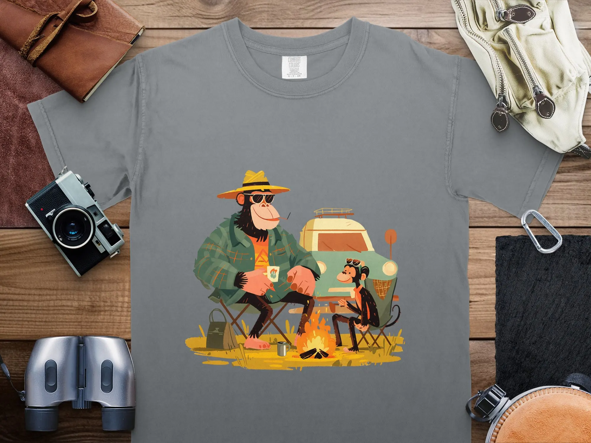 Chimpanzee Dad and Son Camping Adventure T Shirt Unique Wildlife Jungle Animal Print Father Bonding Outdoors