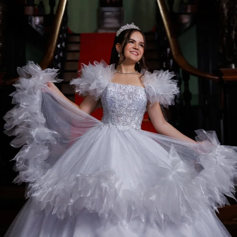 

Shiny White Quinceanera Dresses Off the Shoulder Glitter Decal Lace Ruffles Long tail Bow Vestido De 15 Quinceanera Customize