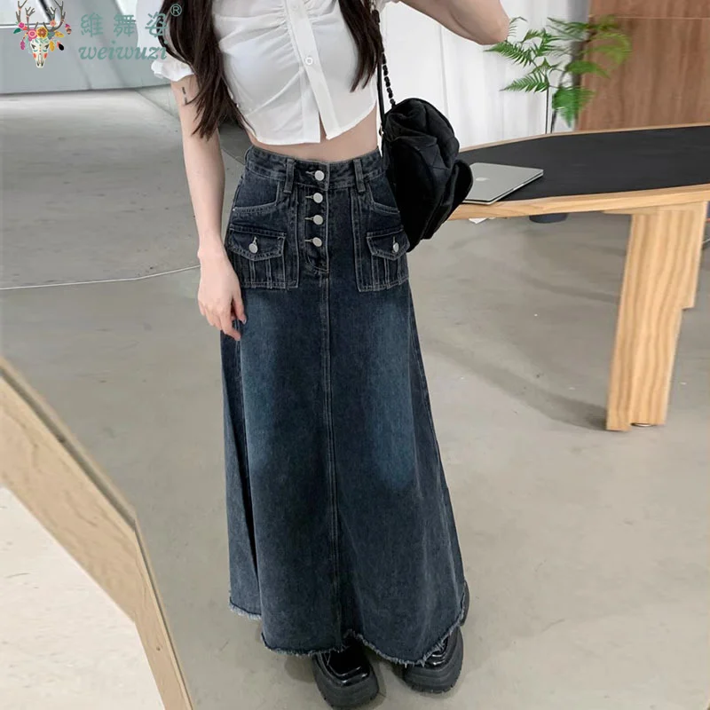 

Autumn Women's High-waist Denim Skirt Mid Length Skirt Pocket Vintage Dark Blue Brushed Hem Streetwear Y2k Chic Female Clothing