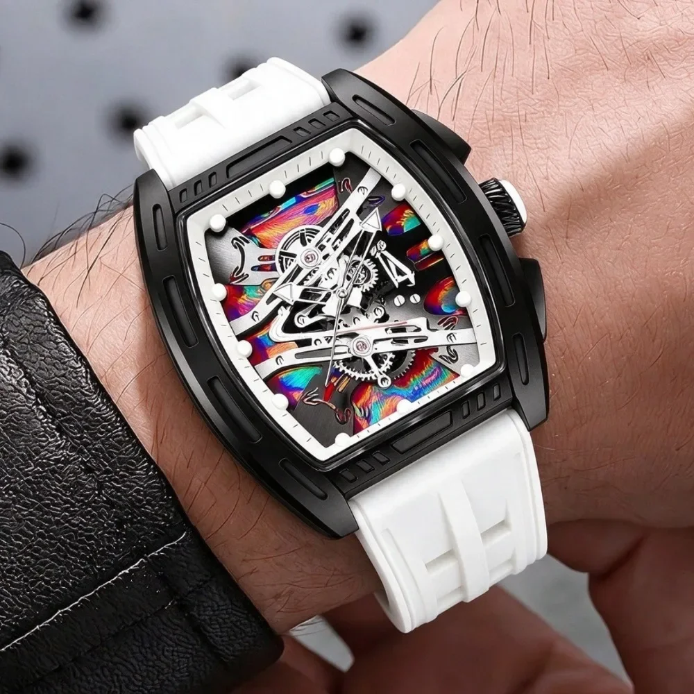 Men Luxury Tonneau Skeleton Dial Quartz Watch White Silicone Strap Analog Sport Wristwatches Relogio Masculino（Without Box）