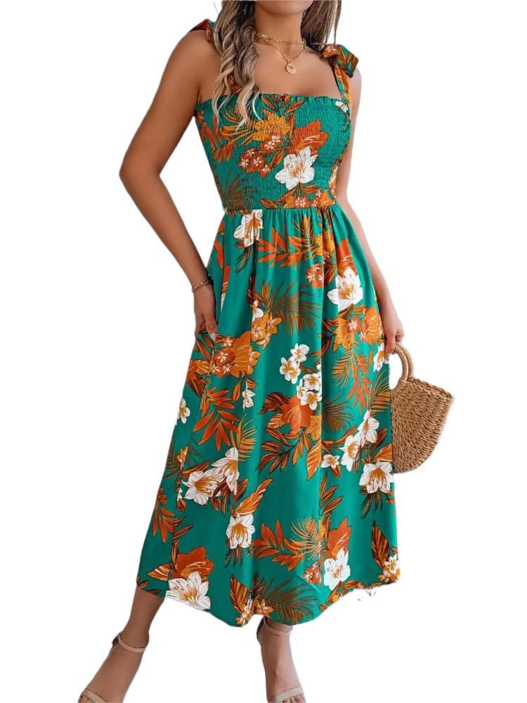 

Holiday Beach Long Dress Spring Summer Fashion Flower Print Bow Tie Tie Waist Wrapped Chest Wrapped Suspender Sleeveless Dress