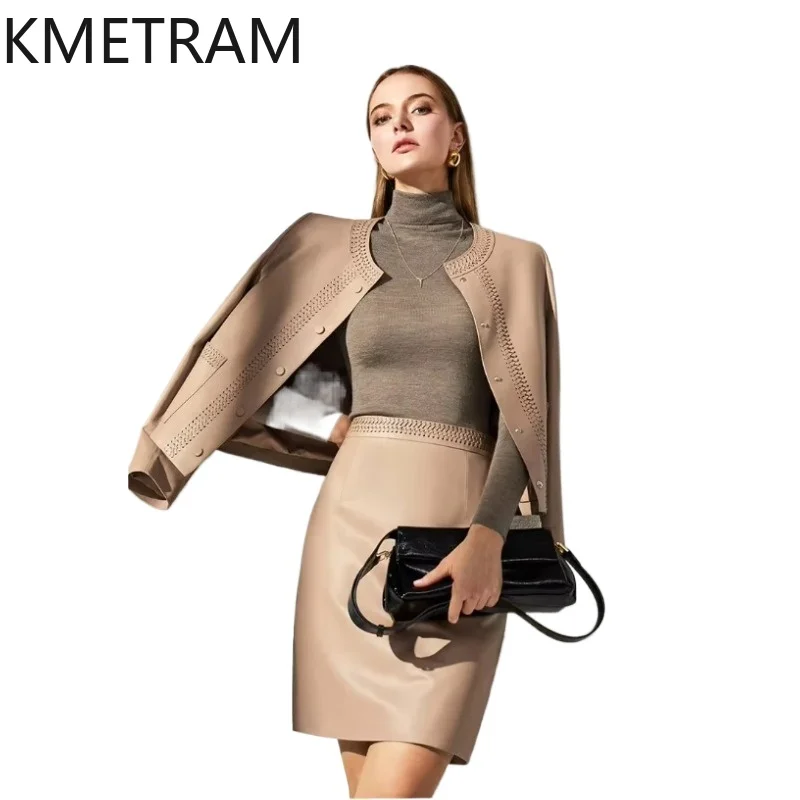KMETRAM Genuine Top-Layer Sheepskin Leather Jacket Woman Fashion Woven Jackets Loose Short Coat 2026 Autumn Women Clothes casaco