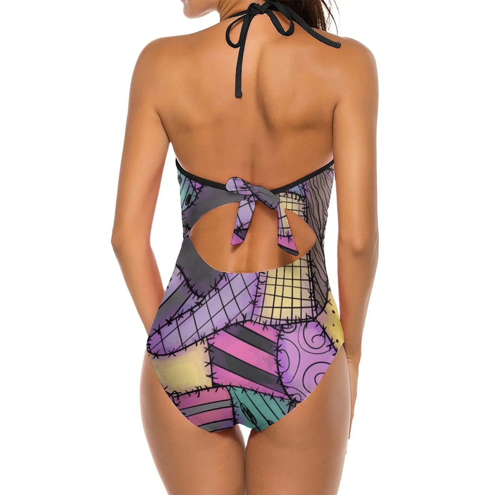 Patchwork Ragdoll Women Printed One Piece Swimwear Sexy Backless Swimsuit V Neck Summer Beach Wear Nightmare Sally Patchwork Ed