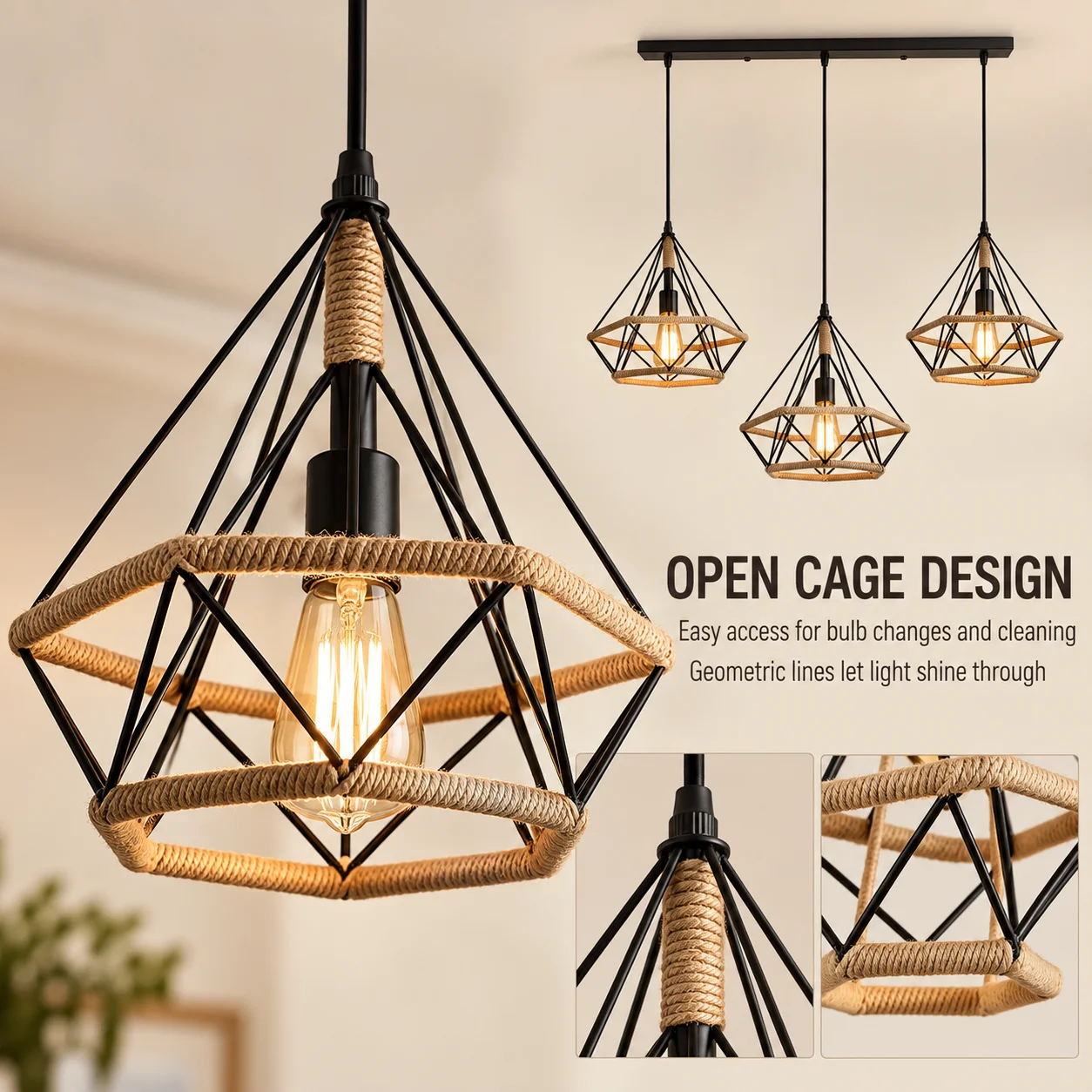 JOYINLED Industrial 3 Light Linear Pendant Lamp, Hemp Rope Diamond Cage Hanging Lighting for Kitchen Island Dining Room Bar Cafe