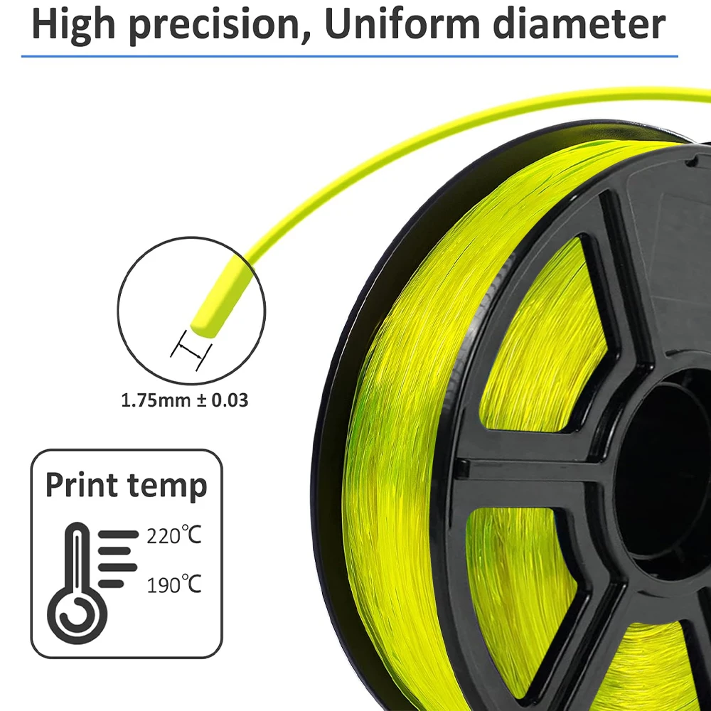 TPU 1.75 مم مرن +/- 0.03 مم خيوط طابعة ثلاثية الأبعاد أصفر شفاف، بكرة 95 أمبير 250 جرام (0.55 رطل)