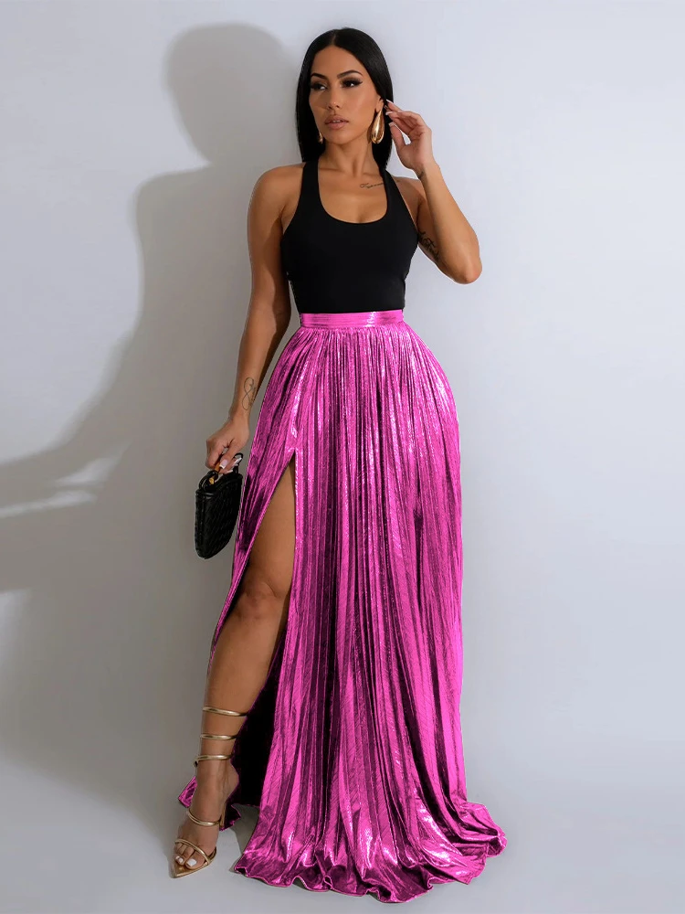 

Leosoxs Women Fashion 2024 Spring High Side Split Big Swing Pleated Floor Length Skirt High Waist Street Party Long Maxi Skirts