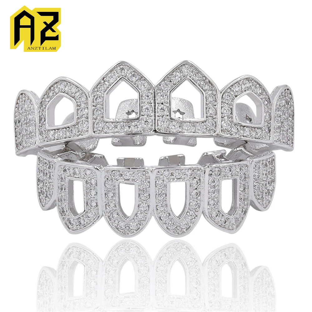 Anztilam Sharp Hollow Out Grillz Iced Out Grills Tooth Grill Men Women Hip Hop Caps Brass Fashion Jewelry Free Shipping