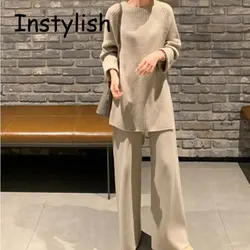 Feminino elegante o pescoço solto camisola e perna larga tricô calças ternos outono inverno duas peças conjunto vintage sólido jumper outfits