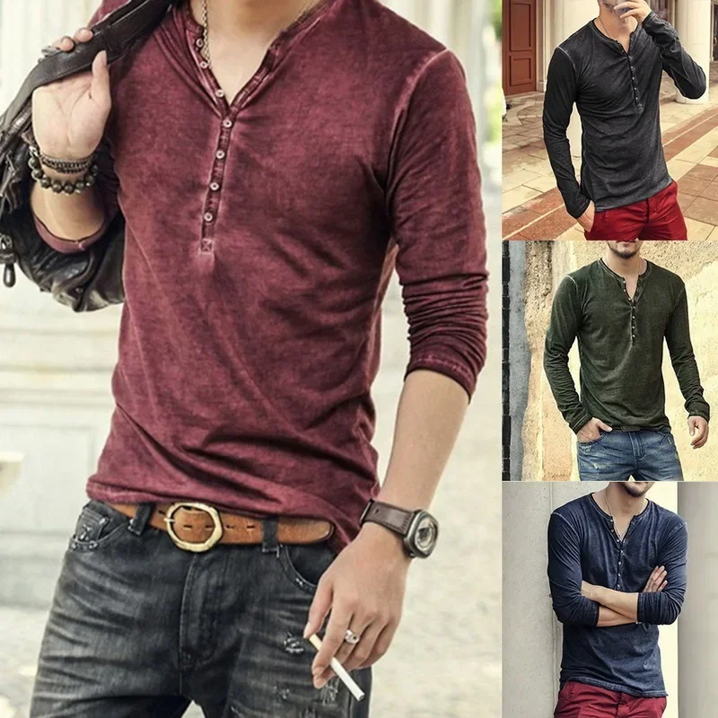 

Customizable 2022 Men Tee Shirt V-neck Long Sleeve Tee&Tops Stylish Slim Buttons T-shirt Autumn Casual Solid Male Clothing
