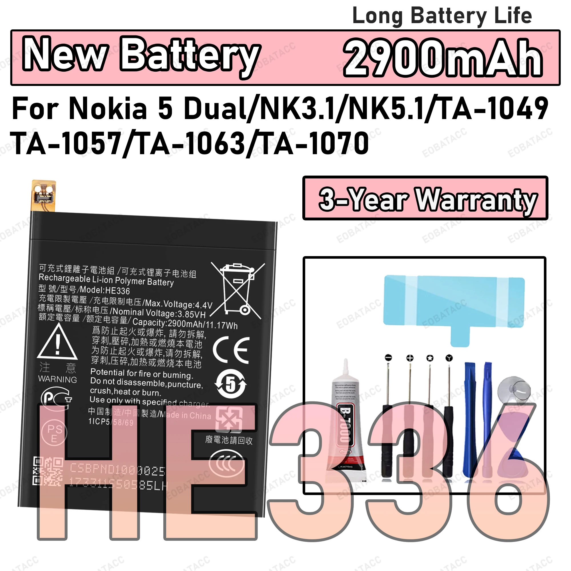 100% New Zero Cycle HE336 Battery for Nokia 5 Dual/NK3.1/NK5.1/TA-1049/TA-1057 Mobile Phone Batteries+Free Tools