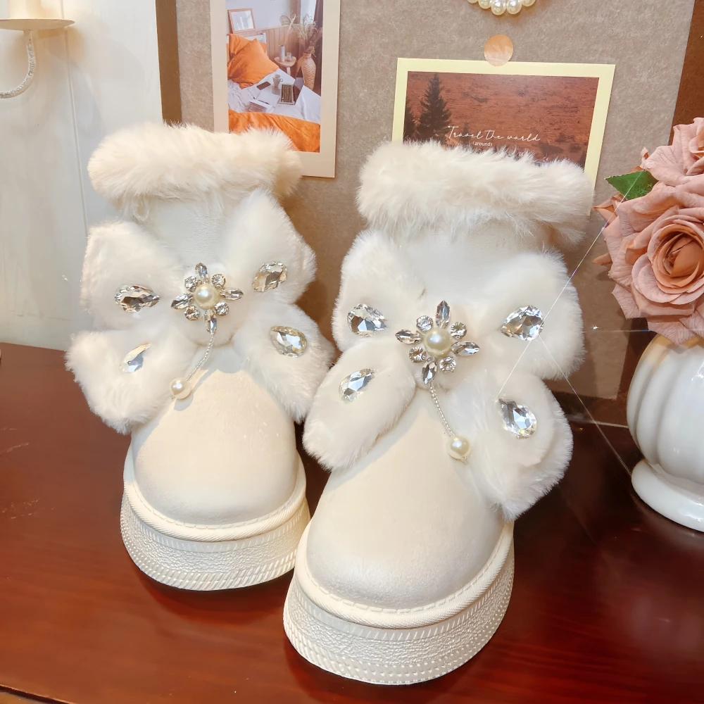 

2025 Original White Furry Snow Boots With Thick Sole Increased Warmth Short Tube Round Head Big Cotton Boots Bow Tie Short Boots