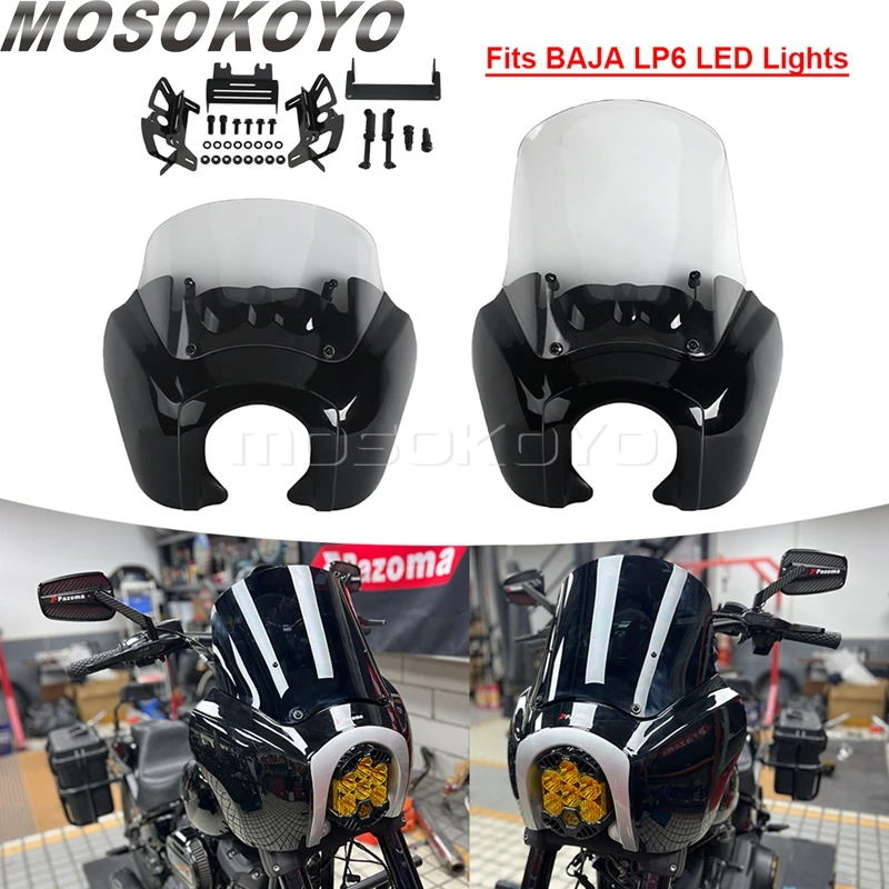 Motorcycle Club Style Headlight Fairing W/ Bracket For Baja Design LP6 Lights 15in Windshield For Harley Softail Softail Fat Bob view 2
