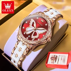 OLEVS 5610 Elegant Women's Watch Luxury Brand Rose Gold Ceramic Diamond Watch Imported Movement Women Bracelet Quartz Watch Gift