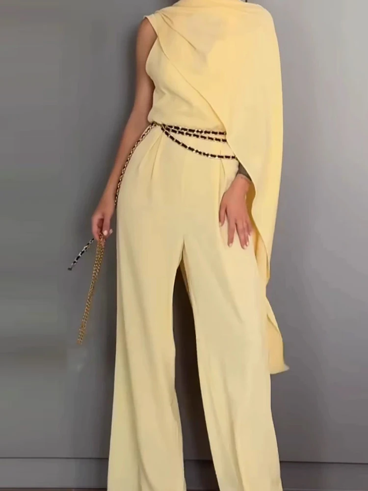 

Sexy V-neck Lace-Up Backless Long Playsuit Elegant Sleeveless Pair With Cape Jumpsuit Women's Fashion Draped Solid Loose Romper