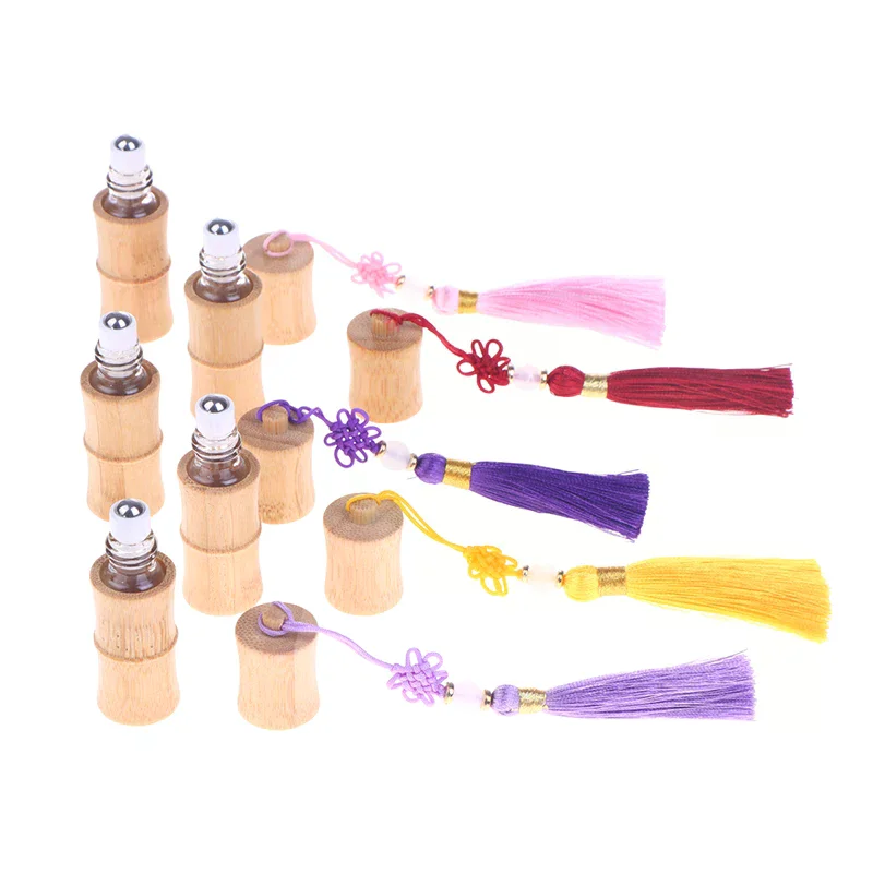 Botella Roll-on de Bambú Ecológica con Borlas, Tubo Vacío con Bola de Acero, Botella Recargable, Envase DIY para Perfume y Brillo Labial