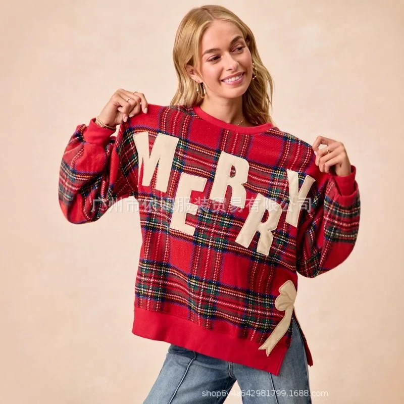 2025年冬 レディース クリスマス リボン刺繍 サイドスリット入り プルオーバー スウェットシャツ カジュアルで心地良い 長袖トップス ホリデー ストリートウェア向け