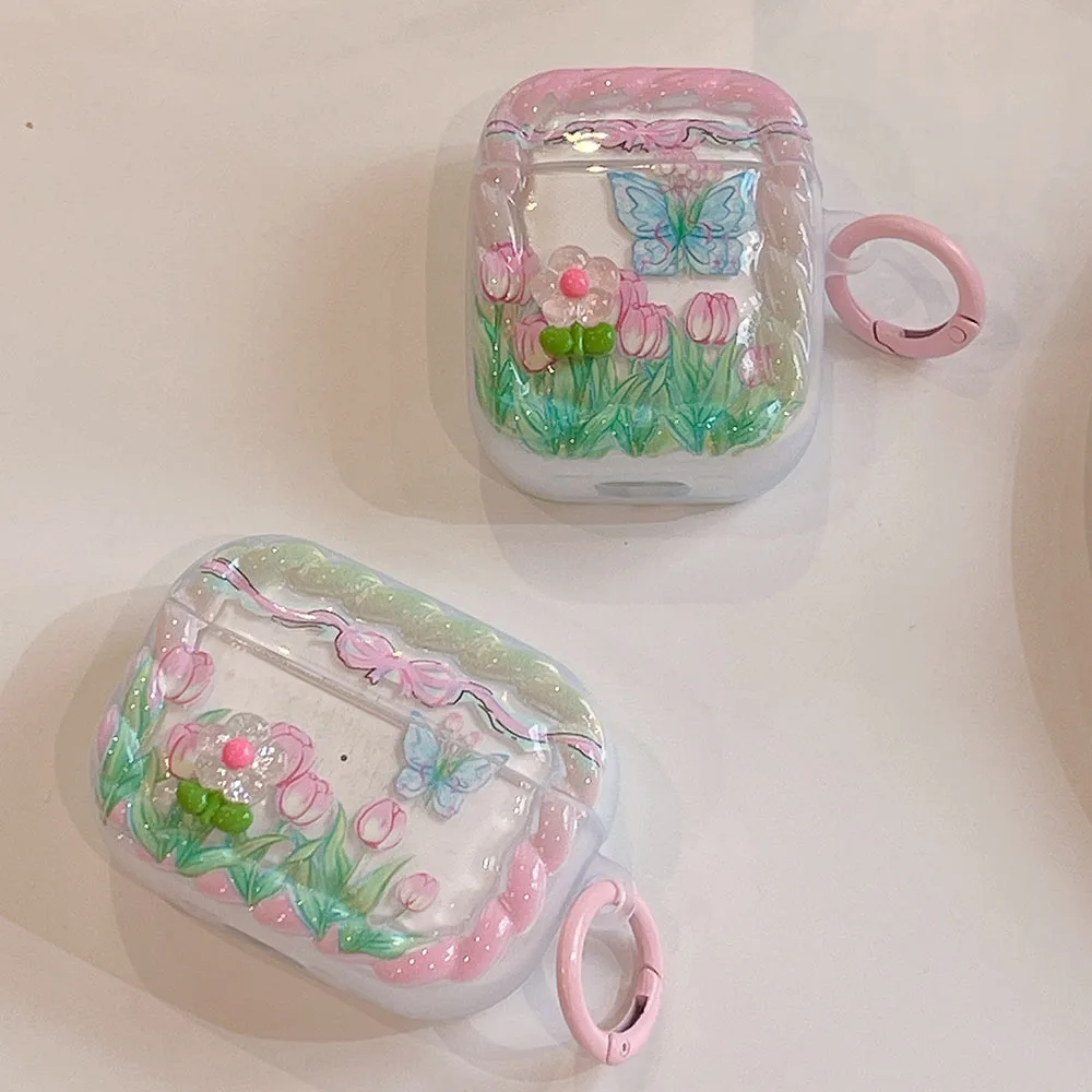 INS Rosa Tulpe 3D Blume Schmetterling Hülle für Apple AirPods Pro 1 2 3 Butterfly Twists Edge Wireless Kopfhörer Box Cover Schlüsselanhänger