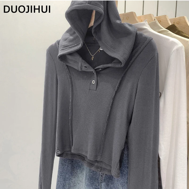 

DUOJIHUI Classic Hooded Chicly Button Long Sleeve Female Pullovers Autumn Basic Pure Color Fashion Simple Casual Women Pullovers