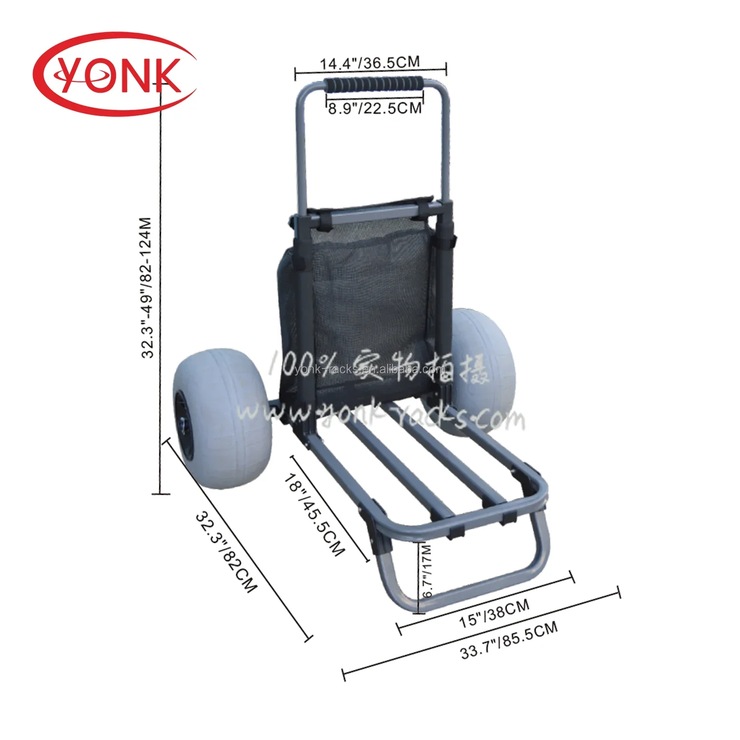 YONK Aluminum Beach Trolley Fishing Cart Folding Beach Cart with 12inch Balloon Wheel