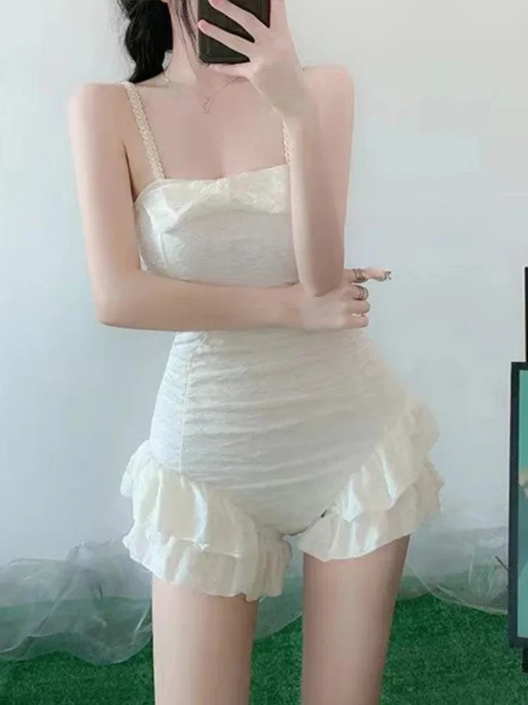 Sexy Ruffles Solid Spaghetti Strap Beach Dress Women High Waist Slim Beach Style Bikini 2025 New Summer Beach One Piece Swimsuit