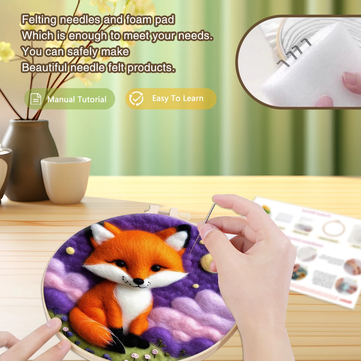 Fox Pattern DIY Wool Felting Painting Kit With Frame Diy Felt Animal Kit Needle Wool Painting For Home Decors Crafts Gift