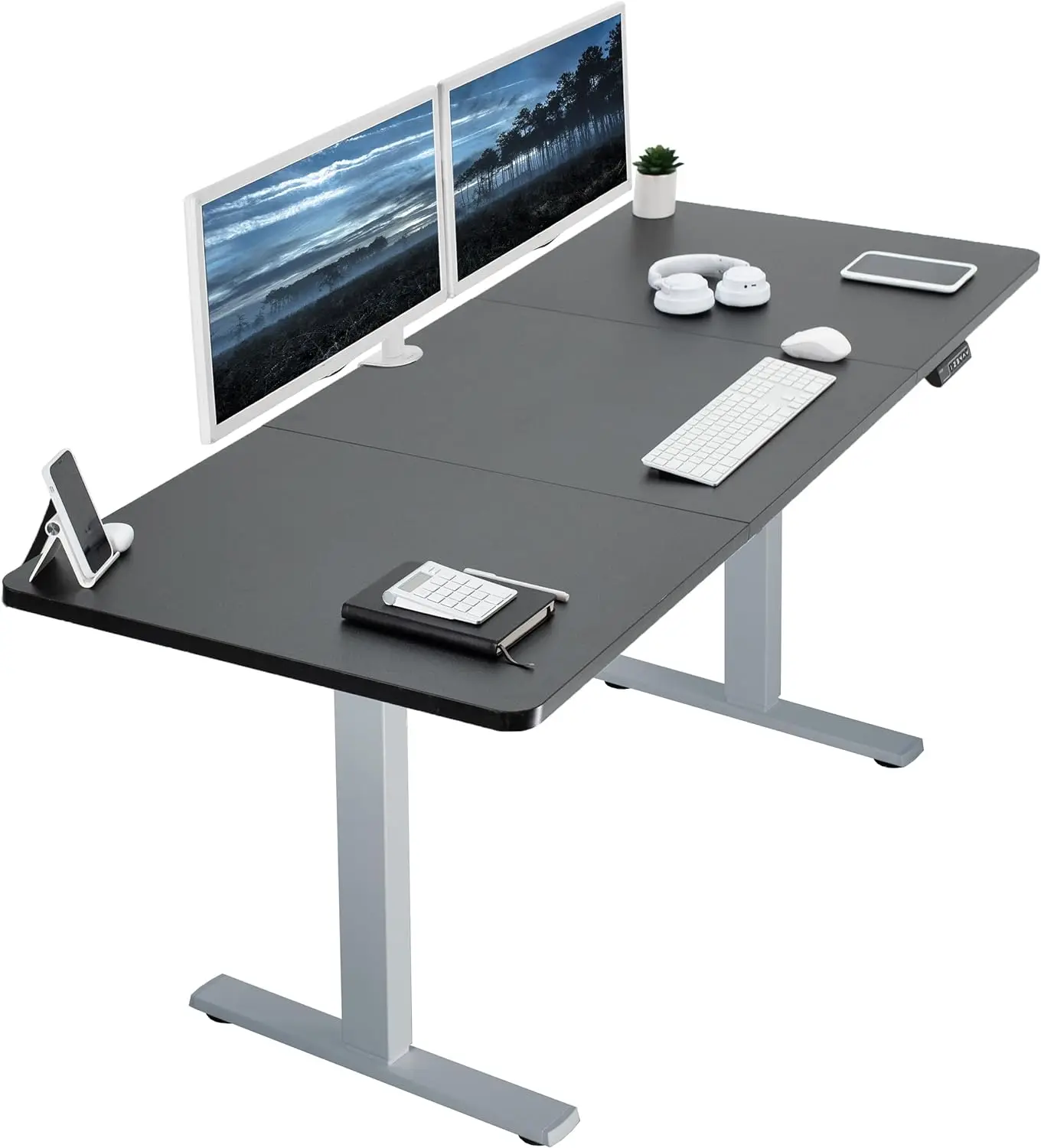 

Electric height adjustable 71 x 30 inch memory standing desk, black desktop, grey frame, preset controller standing workstation