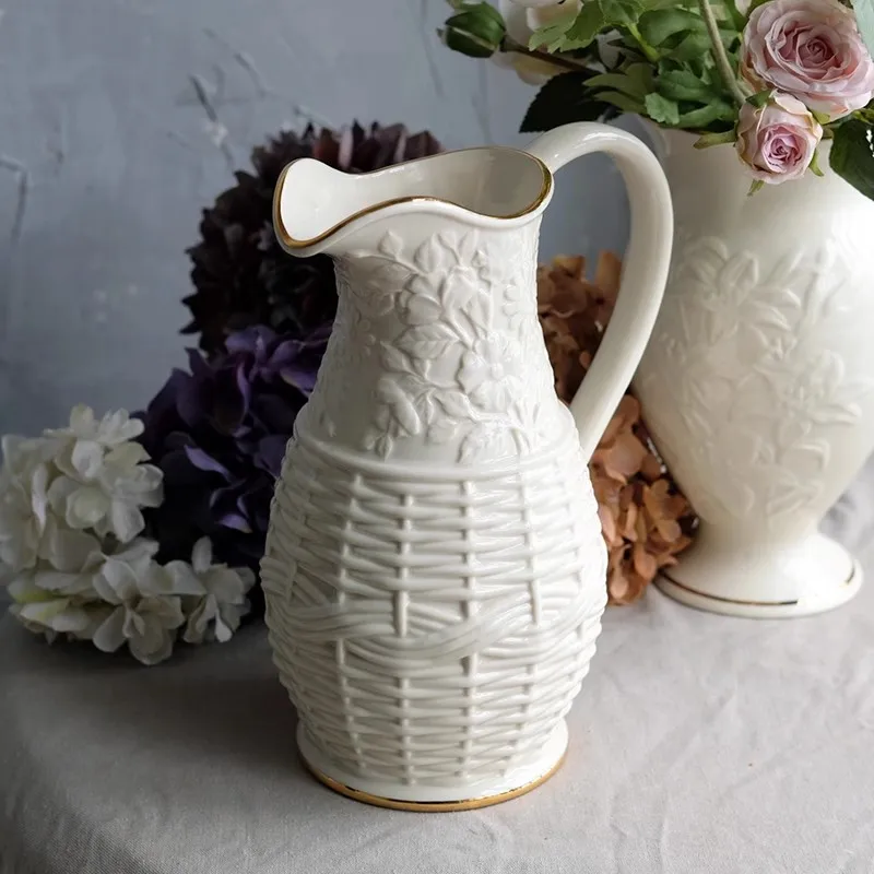 Multimanual Collection Flower Basket Embossed Design Golden Edged Rose Handle Large Vase Ceramic Flowerpot