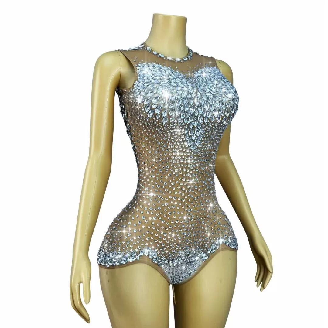 Body en maille nue pour femmes, strass argentés scintillants, Sexy, fête d'anniversaire, défilé de mode, tenue de scène, Costume de séance photo