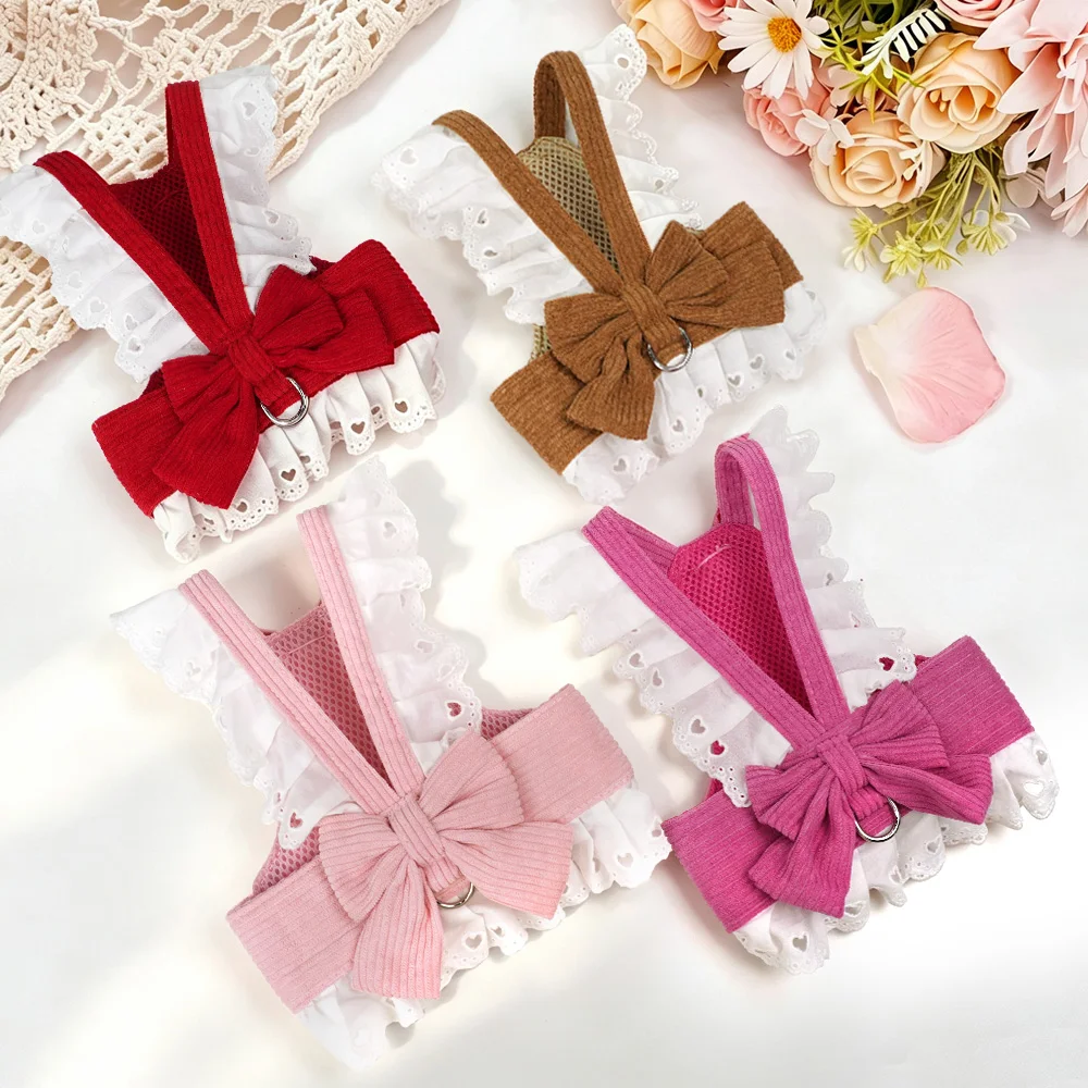 Breathable Dog Harness Leash Set Cute Bow Princess Puppy Harnesses Lace Pet Vest And Walking Leash Soft For Small Medium Dogs