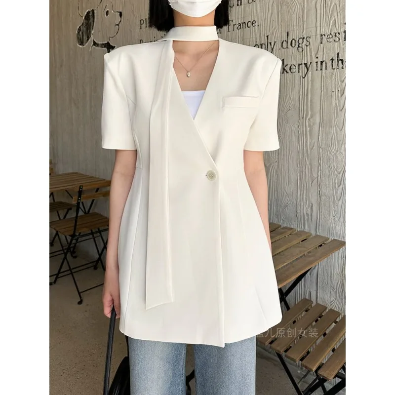 

Blouse Women's Summer Short-sleeved Blazer Design-oriented Fitted Waist Flattering Silhouette Tie New Comfortable Distinctive