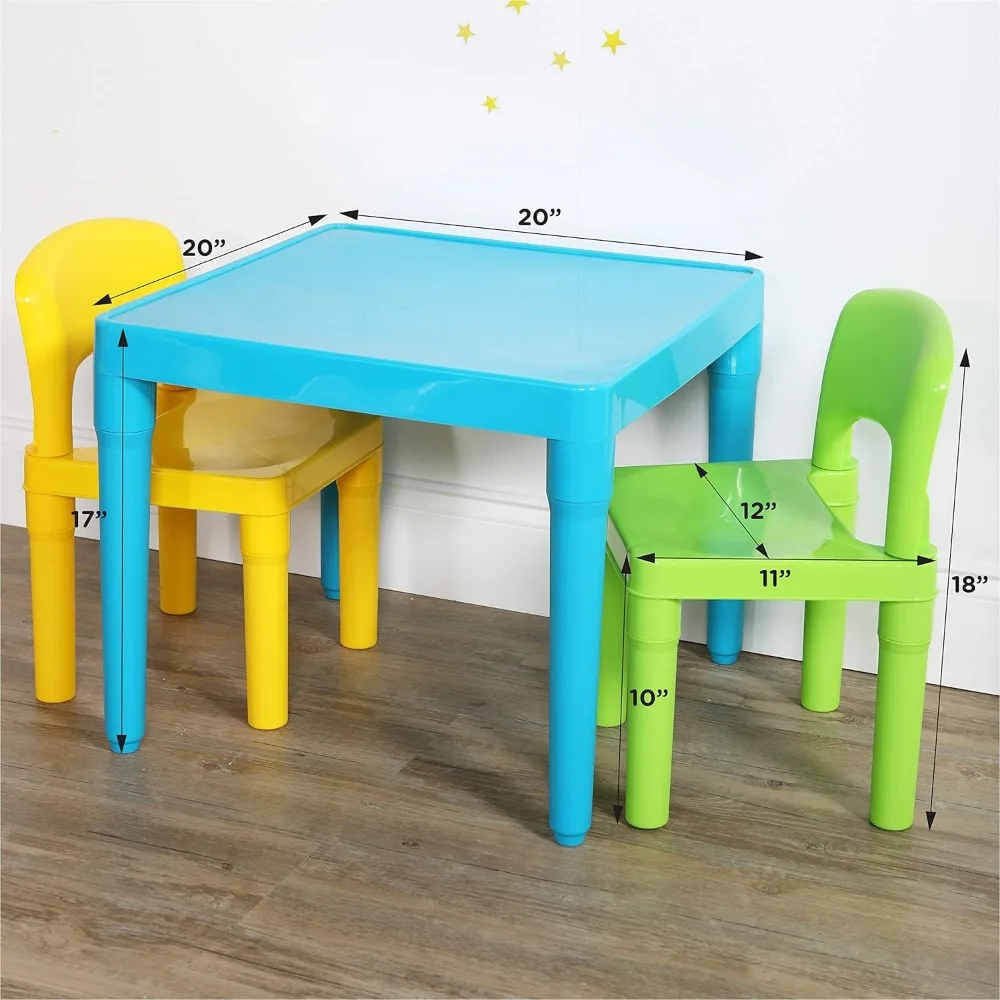 Conjunto de mesa e 2 cadeiras em plástico leve, quadrada, mesa Aqua para criança, verde e amarela