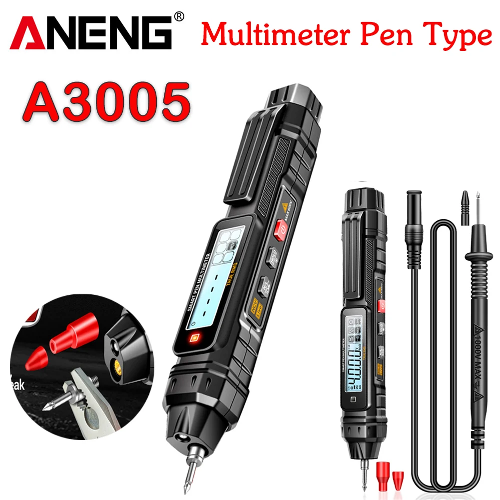 ANENG A3005 Pocket Pen Type Digital Multimeter Test Lead without Battery 4000 Counts LCD/Anti Display Screen True RMS Black Tool