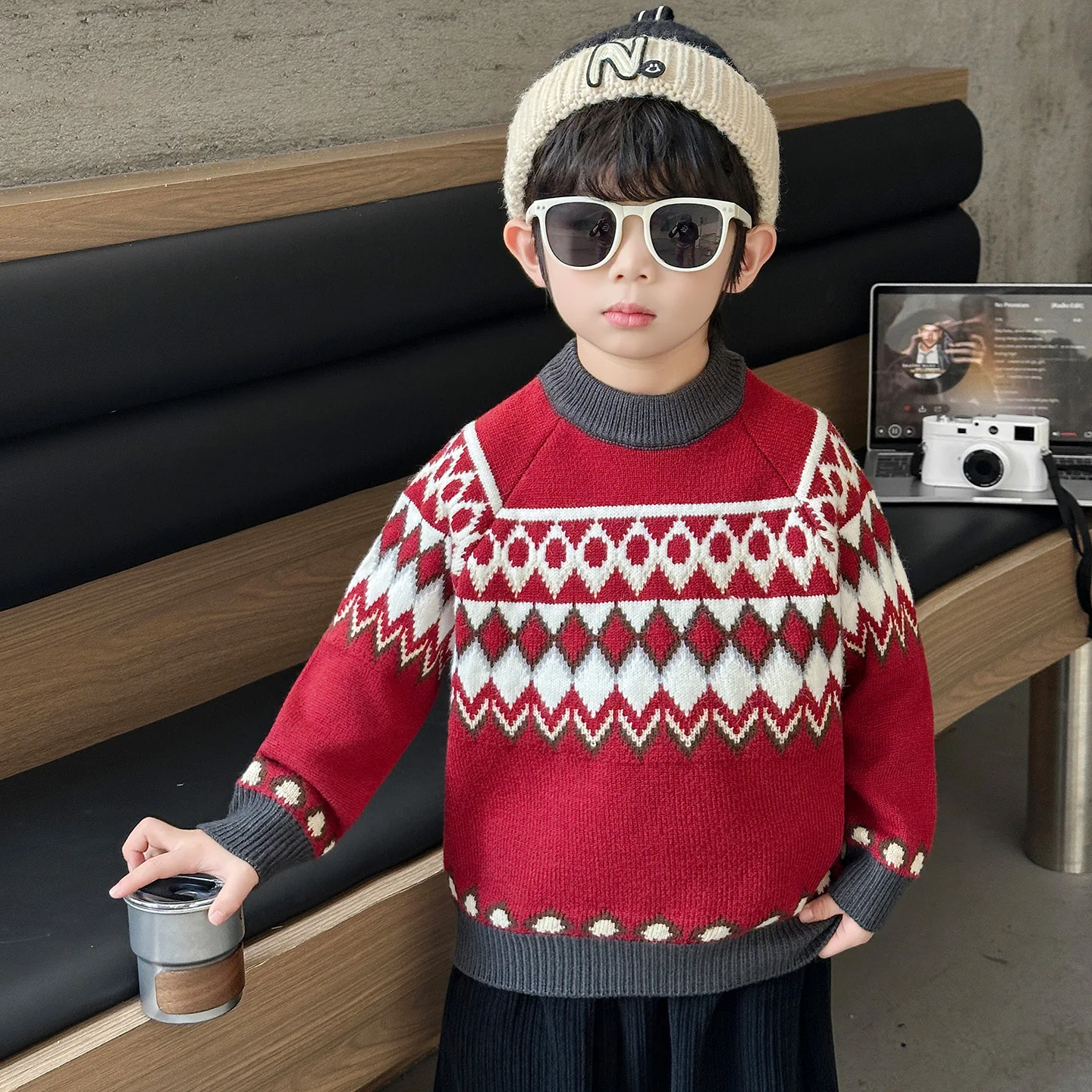 

Утепленный вязаный свитер в клетку для мальчиков, осенне-зимний базовый слой, корейская версия, из мягкого хлопка, с животным принтом