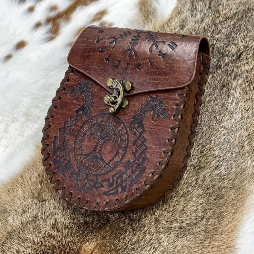 Retro Vintage Medieval Waist Bag Dragon Wolf Pattern Halloween Cosplay Coin Purse Drawstring Bag