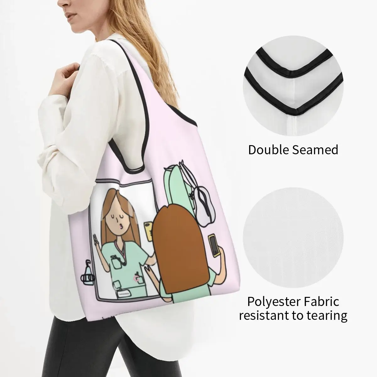Large Reusable Enfermera En Apuros Nurse Medical Doctor Grocery Bags Recycle Foldable Shopping Tote Bag Washable Fits in Pocket