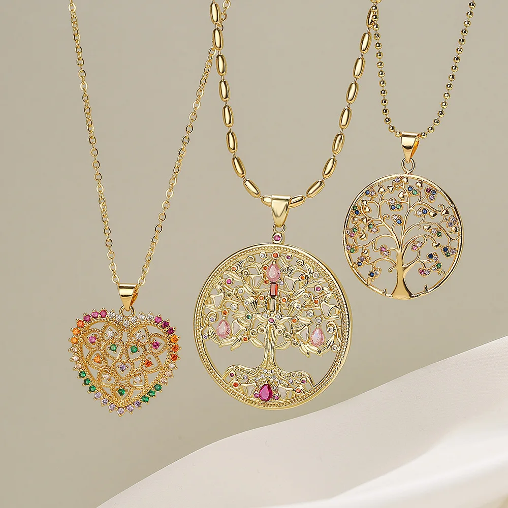 

Aogu Cross-Border Copper Plated Real Gold Zirconia Life Tree Pendant Nelace Women's Luxury Faion Jewelry Accory