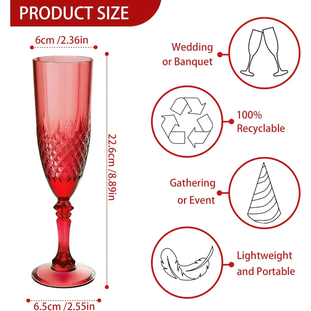 Reusable Dark Red 48-Piece Champagne Flutes Set for Weddings, Christmas, Bachelor Parties, and Toasts