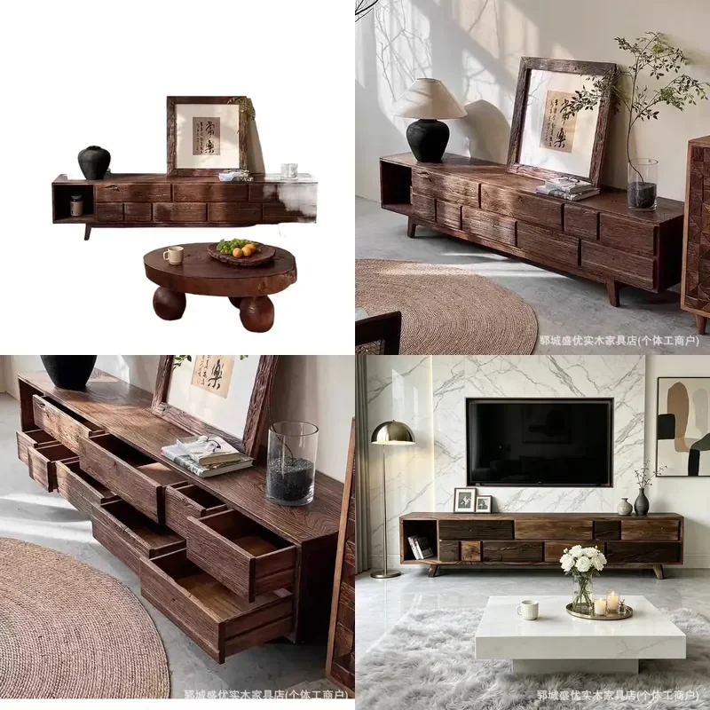 for Medieval solid wood TV cabinet retro old elm homestay decorative furniture log small apartment living room floor locker