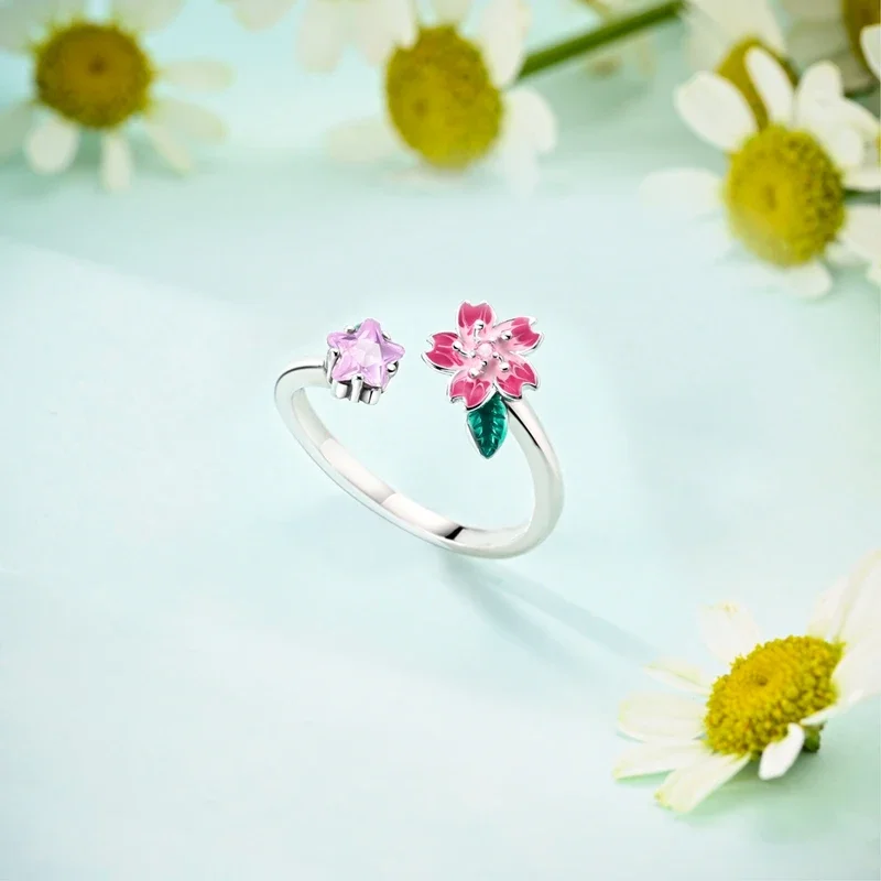 Silver 925 Ring Pink Zircon Shining Flower Open Ring Original Windmill Rotatable Ring Fine Jewelry for Women Gift Daily Matching