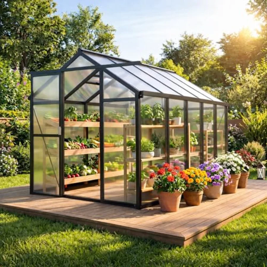 Backyard garden patio house for outside use, polycarbonate with aluminum frame, lockable door and adjustable roof vent, gray